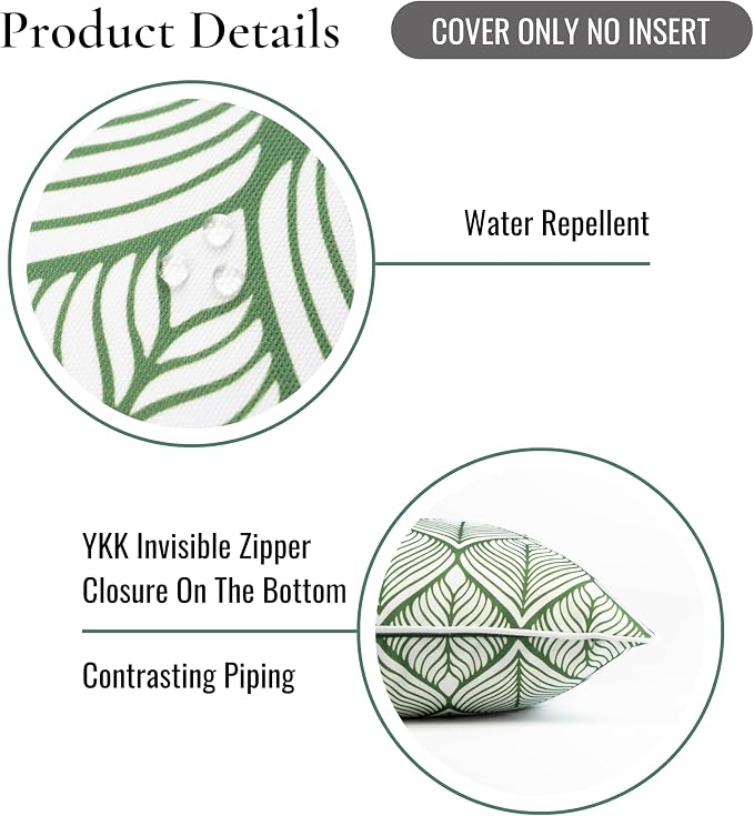Hofdeco Premium Coastal Patio Indoor Outdoor Lumbar Pillow Cover Only, 12"x20" Water Repellent for Backyard, Couch, Green Print Geometric Leafs