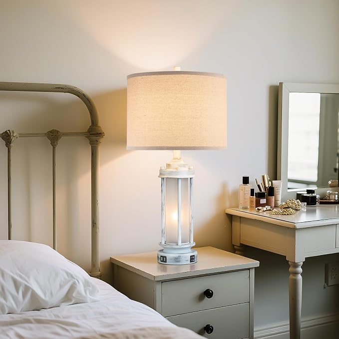 AIEAMPDO 25" Set of 2 Antique White Rustic Table Lamps 2 USB C+A Ports | Vintage Farmhouse Design With Glass Night Light. Nightstand Lamps For Living Room, Bedroom And Dorms, 4 Bulbs Included