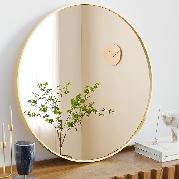Sweetcrispy Round Bathroom Wall Mirror, Vanity Mirror, 30 Inch | Matte Metal Frame, Wall Mounted, Over Sink, Entryway Decor, Bedroom Decor, Gold