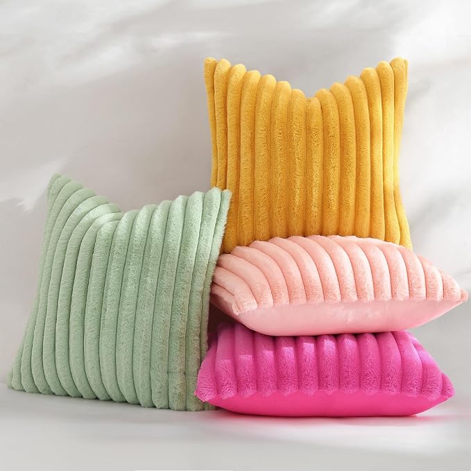 decorUhome Fall Faux Fur Throw Pillow Covers 12x20 Set of 2 Blush Pink | Decorative Soft Cozy Striped Plush Modern Farmhouse Boho Couch Pillow Cases Velvet Back for Sofa Bed Living Room Home Decor