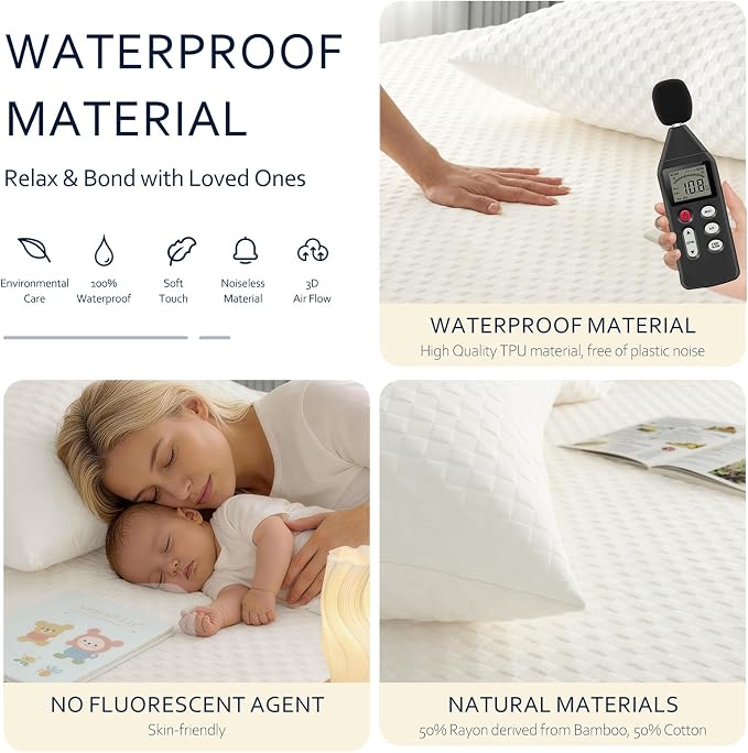 Waterproof Mattress Protector Full, Organic Cotton, White | Organic Cotton 250GSM 3D Waffle, Noiseless TPU Waterproof, Deep Pocket 8-18" Fit, OCS & OEKO-TEX Certified, Washable