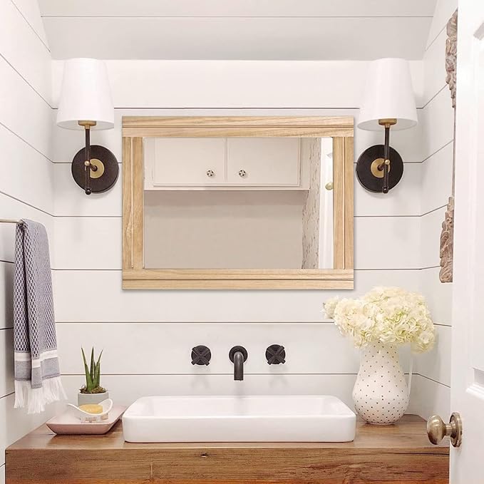AAZZKANG Rustic Mirrors for Wall with Rectangular Wood Frame Decorative for Farmhouse Bedroom Bathroom Living Room Home Office Large 28"x20"