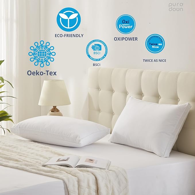 puredown® Goose Down Feather Pillows with 100% Cotton Cover, Soft Gusseted Bed Hotel Collection Pillows for Sleeping, Set of 2, Queen Size