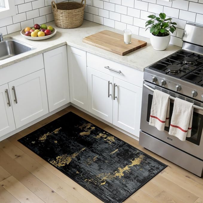 RELEANY Washable 2'x4' Abstract Area Rug for Living Room Black Gold | Carpet for Bedroom, Kitchen, Office, Hallway and Entryway, Printed Pattern, Non‑Slip, Soft, Stain‑Resistant, Easy to Clean