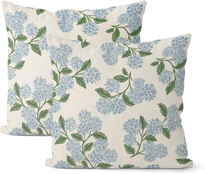 Spring Pillow Covers 20x20 Inch 2 Pcs Navy Blue Sage Green Hydrangea Flower Decor Throw Pillows Vintage Floral Seasonal Summer Outdoor Decoration Pillowcase Linen Cushion Cover for Couch Sofa