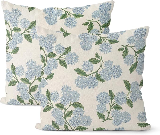 Floral Outdoor Pillow Covers 18x18 Inch Set of 2 Blue Green | Hydrangea Decor,Vintage Flower Decorative Throw Pillows,Spring Farmhouse Pillowcase,Linen Cushion Cover for Couch Sofa