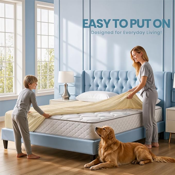 Waterproof Queen Size Mattress Protector fits Upto 17" deep Mattresses | Utopia Bedding 200 GSM Soft & Breathable Mattress Cover, Dirt-Proof, Noiseless, Machine Washable Fitted Sheet Style, Beige