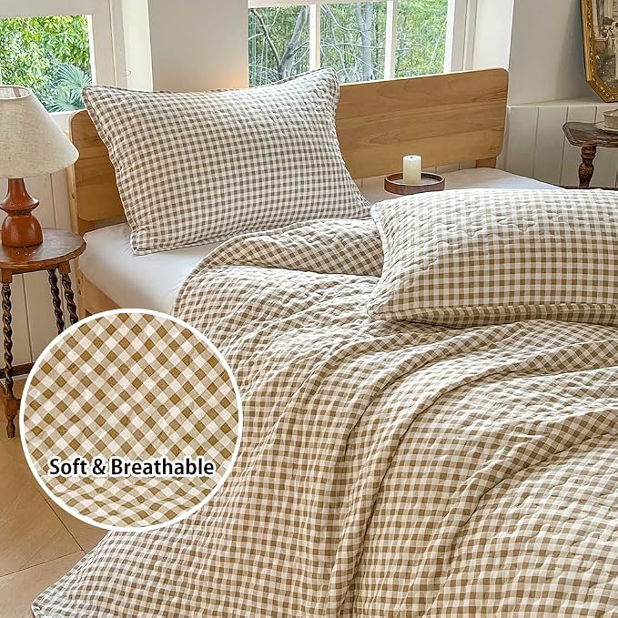 NSNLGSGC Tan Gingham Queen Summer Bedspread Quilt Set | Pre-washed Microfiber,Lightweight Checked Grid Bedding Coverlets for All Seasons