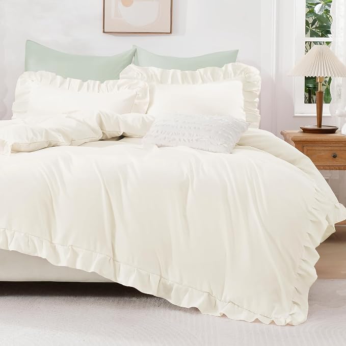 Andency Ivory Ruffle Duvet Cover King, Shabby Chic Farmhouse Bedding Set | 3 Pieces Soft Washed Polyester Vintage Ruffled Comforter Cover Set with Zipper Closure & Corner Ties, 104x90Inch