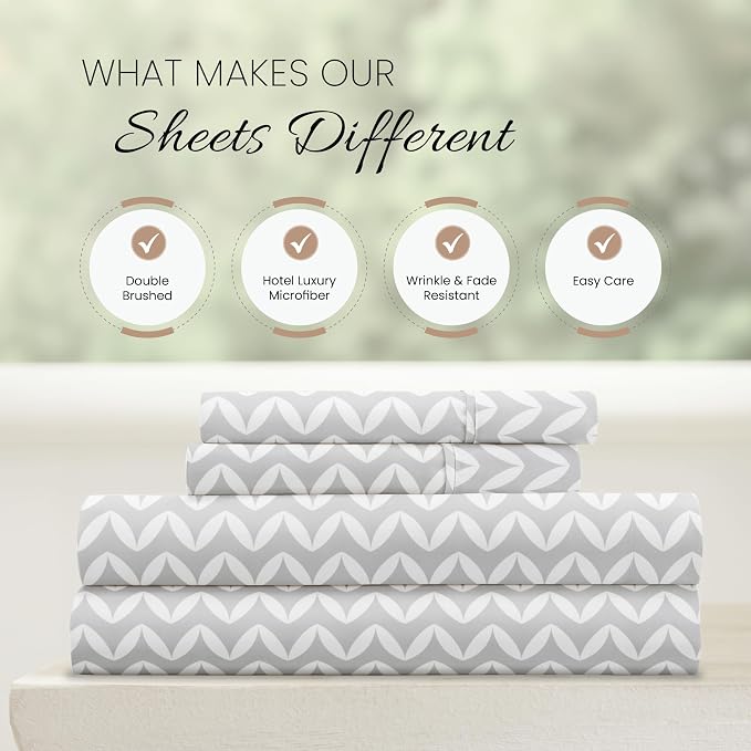 Linen Market Double-Brushed Patterned Microfiber California King Sheet Set 4 Piece – Oeko-TEX Certified Ultra Soft & Wrinkle-Free - 16" Deep Pocket Sheets Easy Care Cal-King Size - Chevron Light Gray