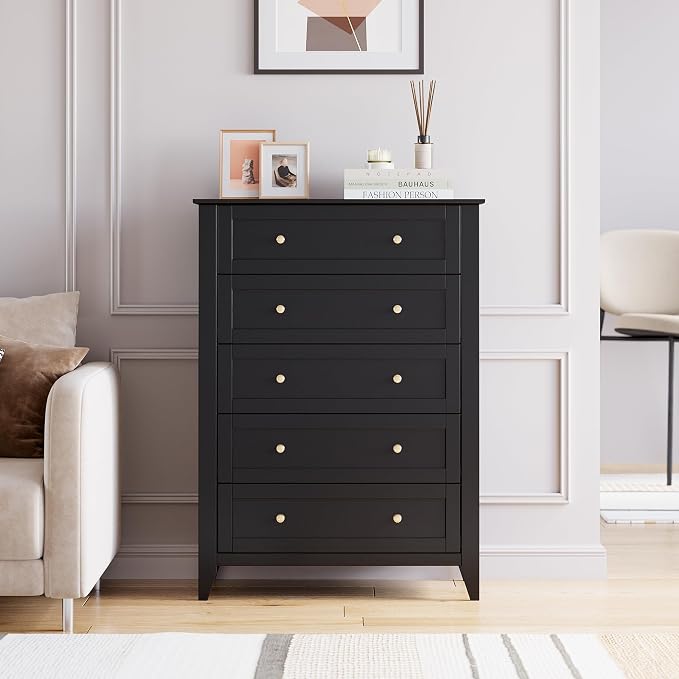 Garvee Black 5-Drawer Dresser for Bedroom, 42.7"H Storage Drawers Organizer | Modern Lacquered Chest of Drawers, 15.8"D x 31.5"W x 42.7"H, Storage Dresser with Deep Drawers for Home Office