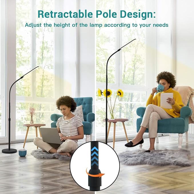 NXONE Led Floor Lamp,Modern Reading Adjustable Standing Height 4 Colors and Stepless Brightness Work Lamp for Living Room Bedroom Reading, Black
