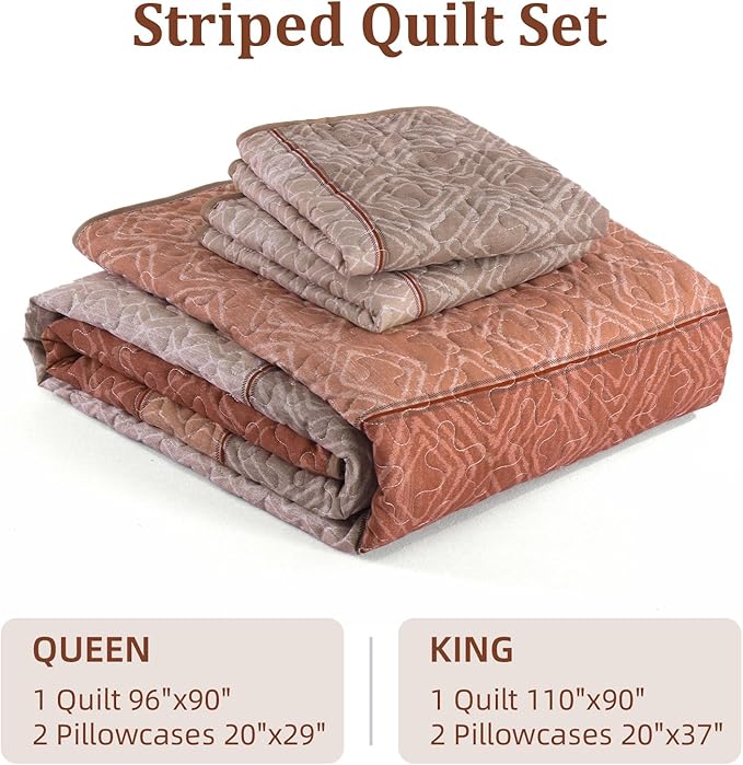 Cottolester Boho Quilt Set Queen,3 Pcs Red Orange Striped Plaid Bedspread | Ultra Soft Fall Lightweight Coverlets Set for Men Women,Microfiber Patchwork Quilt Bedding Sets for All Seasons 96"x90"