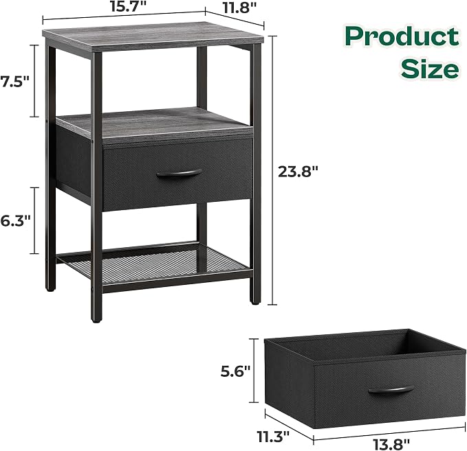 Huuger Nightstand Set of 2, Night Stand with Fabric Drawer, Mesh Shelf | side Table with Storage, Fabric Drawer Dresser, Open Shelf, Metal Frame, Bedroom, Charcoal Gray