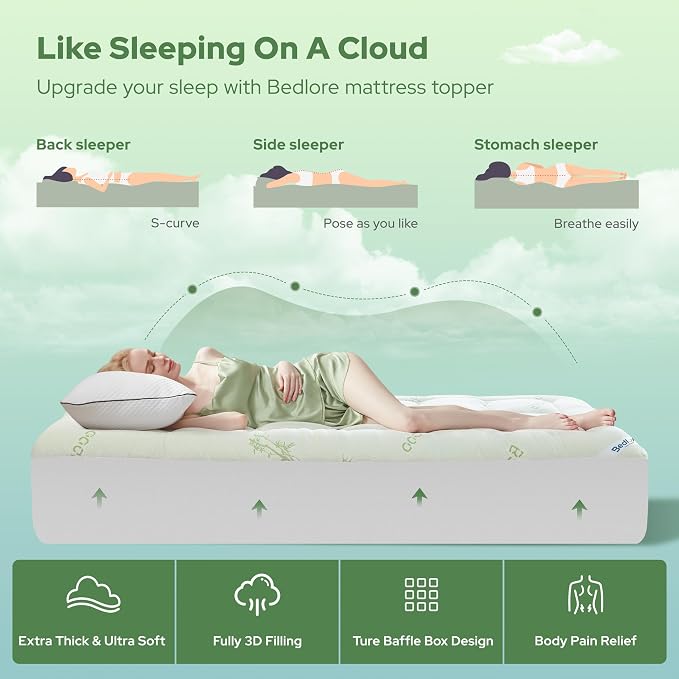 BEDLORE Twin XL Mattress Topper Viscose Bamboo, Pillow Top Mattress Pad | Deep Pockets Fit 6”-15” Mattress, Soft Breathable Thick Dorm-Size Mattress Topper for Students and Hot Sleepers(Green)