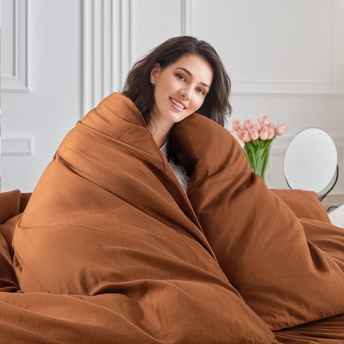 NEXHOME PRO Duvet Cover Set 100% Washed Cotton Oversized King 120"x98" Linen Feel Textured Organic Natural 3 Pieces Bedding Set Terracotta Burnt Orange with Zipper Closure Breathable(No Comforter)