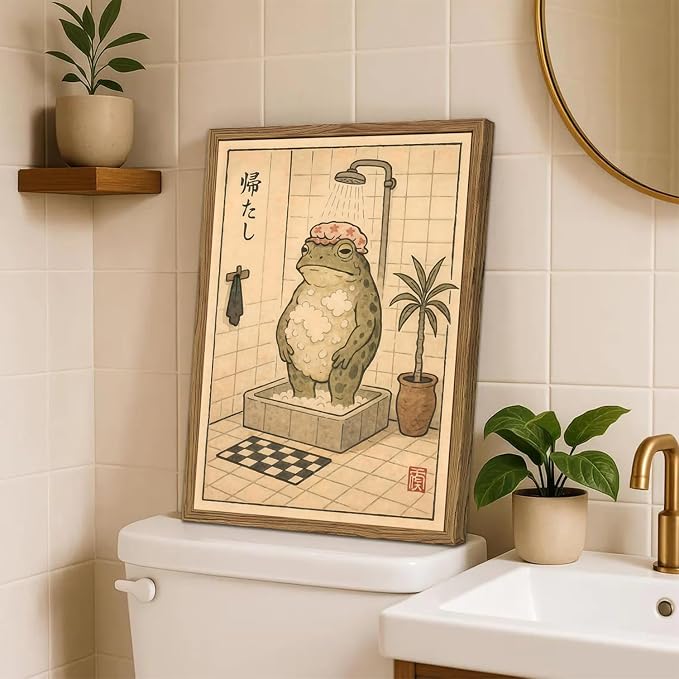 Funny Japanese Frog Bathroom Wall Art Whimsical Frog Shower Wall Decor 12x16 inch Wood Framed, Eclectic Japan Animal Bathroom Poster Painting Canvas Prints Aesthetics