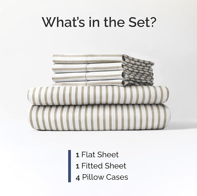 Cal King 6 Piece Bed Sheet Set - Soft, Breathable & Cooling - Beige Stripes | Ultra-Soft Hotel Luxury Bedding Set with 8-16 Inch Deep Pockets, 1 Flat & 1 Fitted Sheet & 4 Pillowcases, Wrinkle & Fade Free