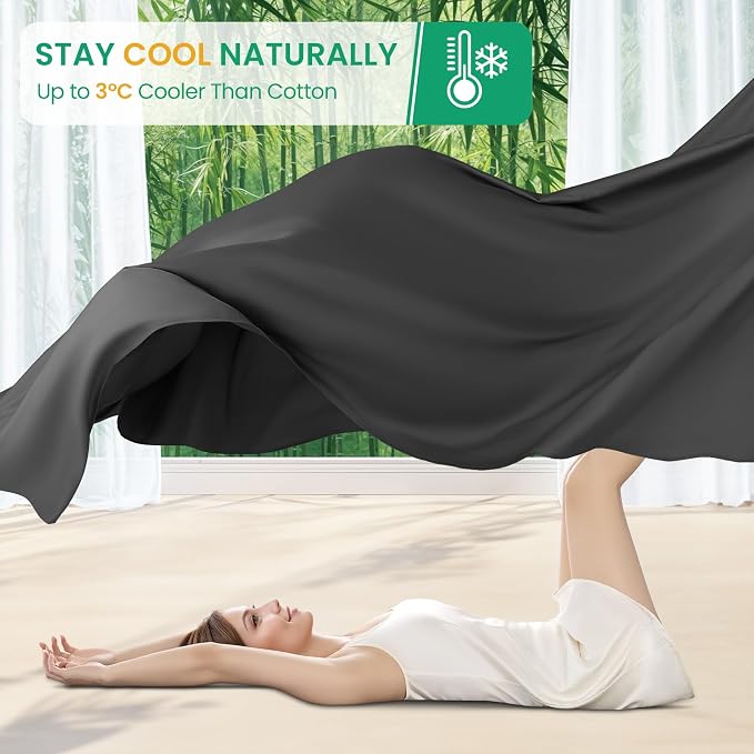 SONORO KATE 100% Viscose Derived from Bamboo_Sheets Queen Size,4PC | Cooling Bed Sheets for Hot Sleepers,Soft Breathable & Silky,16" Deep Pocket,Luxury Hotel Bedding,Black