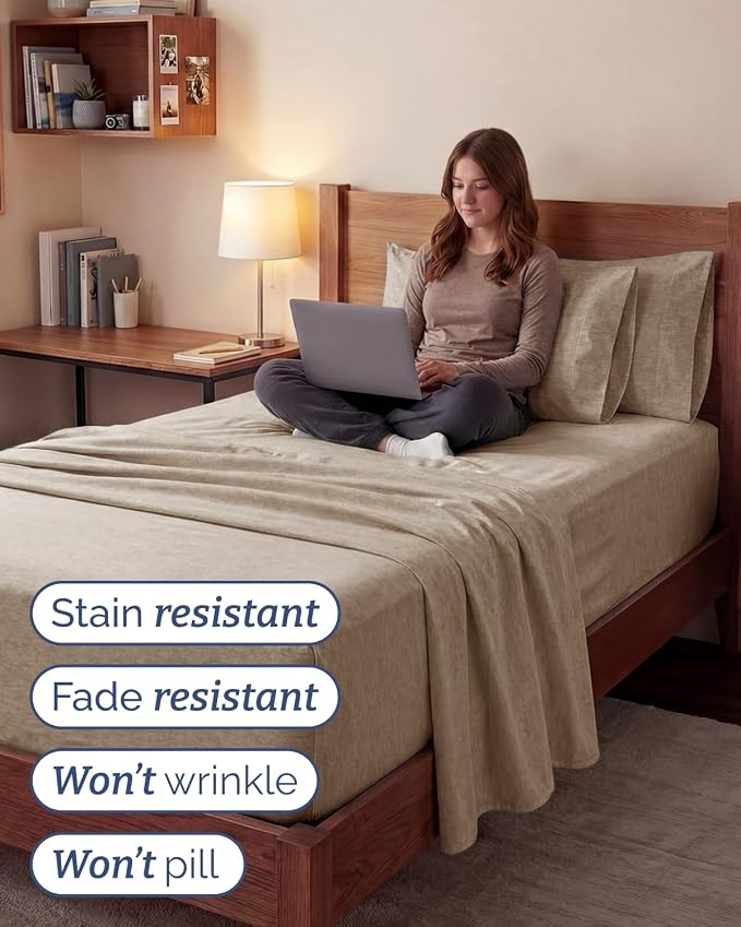 Extra Deep Twin XL Sheet Set - 4 Piece College Dorm Room - Heathered Beige | College Dorm Room Essentials, Easy & Secure Fit, Ultra-Soft, Wrinkle & Fade Free, Comfy Sheets Set with Extra Deep Pockets