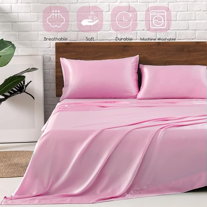 MR&HM Satin Sheets Twin Size with Elastic Corner Straps, Pink | Similar to Silk, 3-Piece Silky Soft Bed Sheet Set, Gentle on Skin and Hair, 15" Deep Pocket, Cooling & Breathable