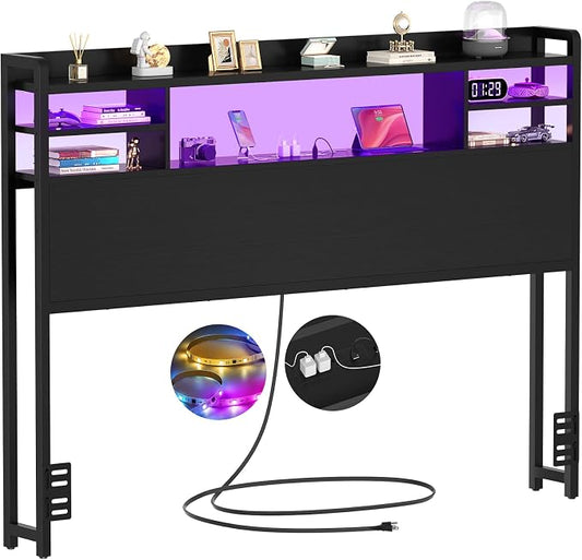 Aheaplus Headboard for Full Size Bedwith Storage and Outlets, Black | Headboards with LED Light, Power Outlets, USB Ports Full Size Head Board, Wood headboard Only Sturdy and Stable Headboards