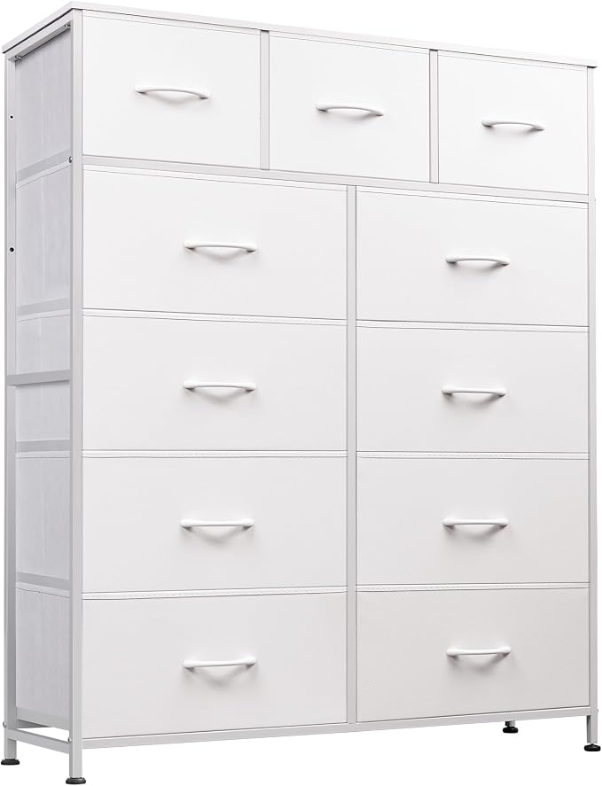 WLIVE Tall Dresser for Bedroom, 11 Drawer Chest of Drawers, White | 11 fabric storage drawers, Tall high-capacity design, Bedroom or dorm use, Sturdy steel frame, Smooth wood tabletop