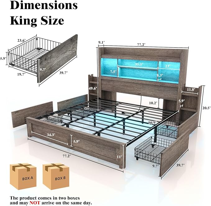 LUXOAK King Bed Frame with Storage, Bookcase Headboard,Grey | 49.6" Headboard, Wood Platform Bed, Charging Station, Bedside Storage, 4 Storage Drawers, No Box Spring Needed, Farmhouse