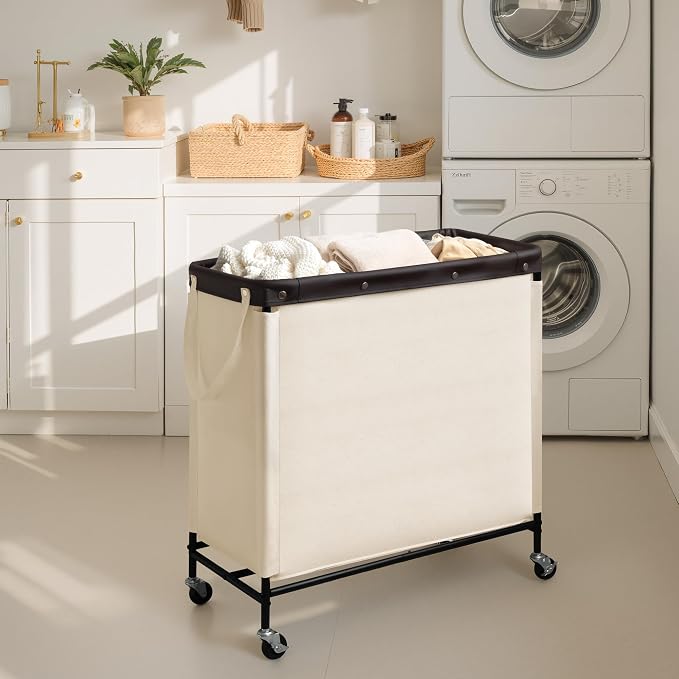 StorageWorks 3 Section Laundry Hamper, 120L Beige Sorter Cart with Wheels | 3 Section Beige Sorter Cart, Rolling Organizer for Bedroom, Bathroom, Apartment, Hotel