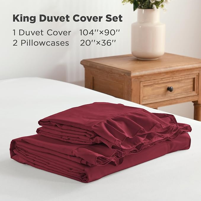 Andency Burgundy Ruffle Duvet Cover King, Shabby Chic Farmhouse Bedding Set | 3 Pieces Soft Washed Polyester Vintage Ruffled Comforter Cover Set with Zipper Closure & Corner Ties, 104x90Inch