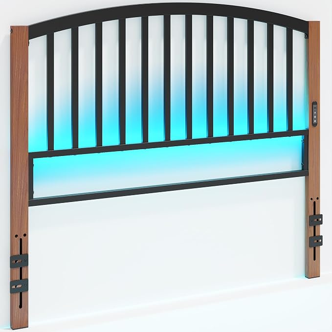 Weehom Metal Full Headboard Only with LED Lights and USB, Cherry Wood Grain | Freestanding full size headboard; adjustable height; USB charging station; modern bedroom design