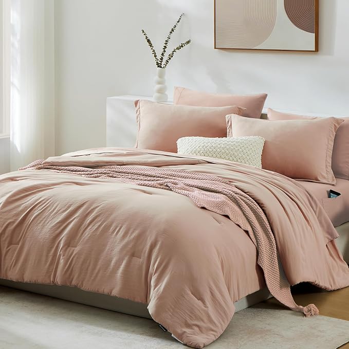 King Size Comforter Set- 7 Pieces Prewashed Bed in a Bag King Bedding Sets | Soft All Season Comforter with Sheets, Pillow Shams & Pillowcases,Clay Pink