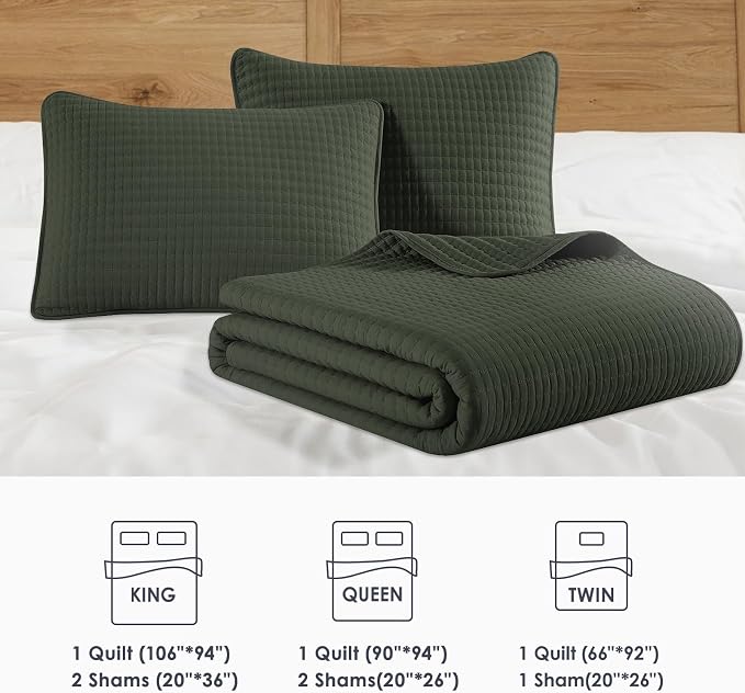 King Size Quilt-Lightweight Bedspreads Dark Green King Quilt Bedding Set | Soft Coverlet with 2 Pillow Shams for All Seasons, Suitable for Bed, Couch, 3 Pieces, 106"x94"