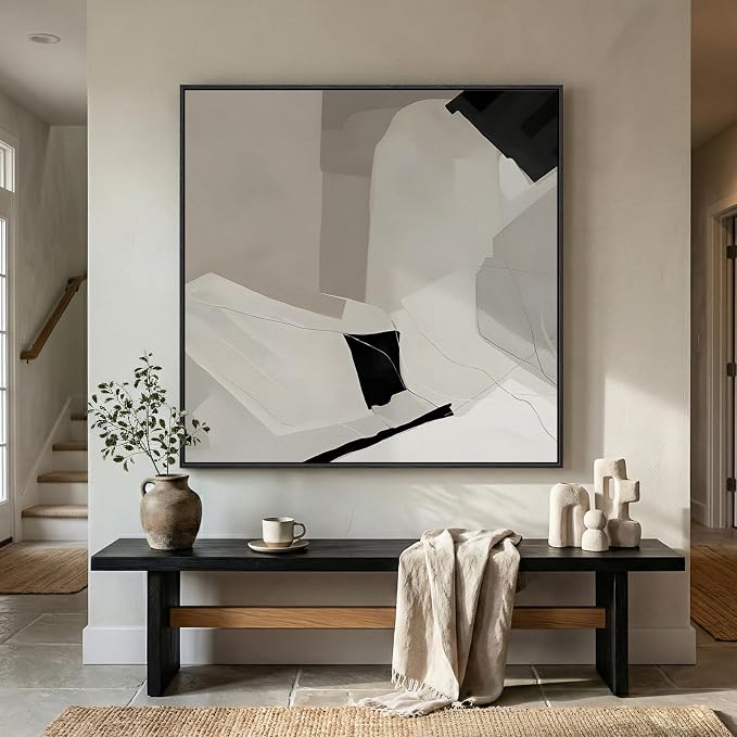 Extra Large Framed Black White Abstract Wall Art for Living Room, 40x40 In | Oversized, Canvas prints, Modern paintings, Neutral minimalist pictures, Square artwork, Dining room, Bedroom wall decor