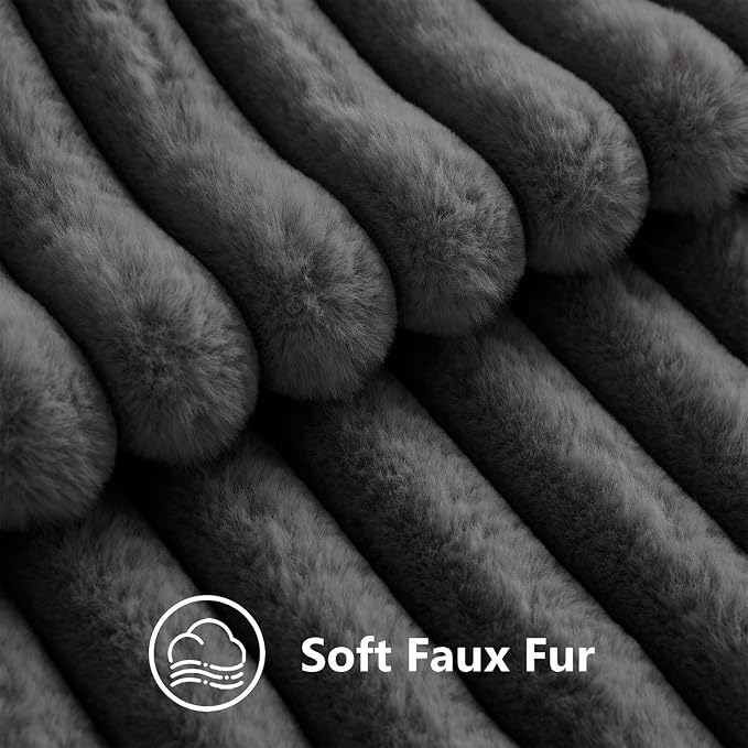 decorUhome Fall Faux Fur Throw Pillow Covers 26x26 Set of 2 Dark Grey | Decorative Soft Cozy Striped Plush Modern Farmhouse Boho Couch Pillow Cases Velvet Back for Sofa Bed Living Room Home Decor