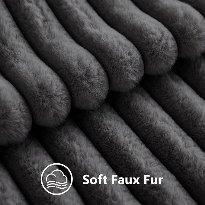 decorUhome Fall Faux Fur Throw Pillow Covers 12x20 Set of 2 Dark Grey | Decorative Soft Cozy Striped Plush Modern Farmhouse Boho Couch Pillow Cases Velvet Back for Sofa Bed Living Room Home Decor