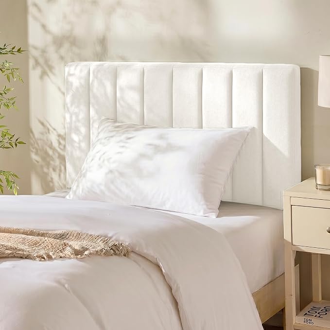 Hearth & Harbor Wall Mounted Twin Headboard Only, Bed Headboard Twin Size | Easy Assemble, Floating Peel & Stick, Upholstered Channel Stitched, 3D Wall Panels, 5 Strips of 3M Tape Included, Off White