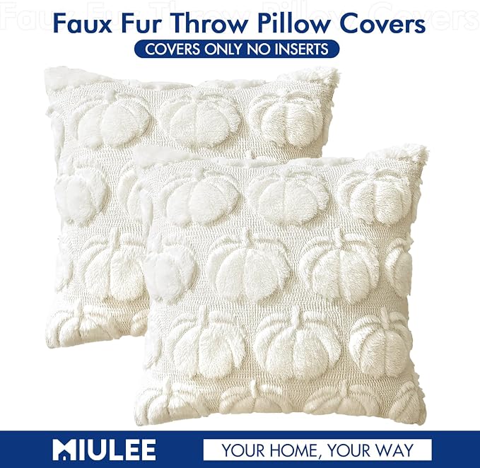 MIULEE Fall Pillow Covers Pumpkin Fall Decor 16x16 Cream White | Set of 2 Fall Decorations for Home, Plush Faux Fur Farmhouse Accent Pillowcases, Porch Sofa Couch Cushion Bed Livingroom