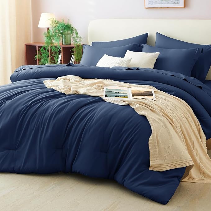 Queen Comforter Set Navy, 7 Pieces Bed in a Bag | OEKO-TEX Certified, All-Season, Bedroom, 240GSM Down Alternative Comforter, Flat & Fitted Sheets, 2 Pillowcases & 2 Shams