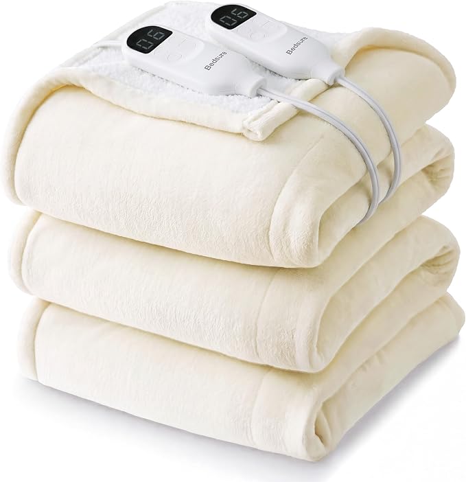 Bedsure Heated Blanket King Size, Dual Control Electric Blanket, Ivory | Preheat Function,6 Heat/6 Timer Settings, 8H Auto Shut-Off, ETL/FCC, Soft Flannel Sherpa, Machine Washable, 84x90in