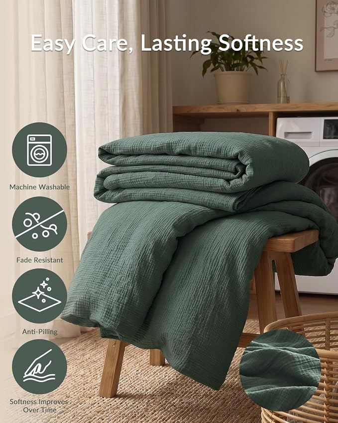 SE SOFTEXLY Muslin Duvet Cover King Size, 100% Washed Cotton Duvet Cover Set, Ultra Soft Comforter Cover Linen Like, 3 Pieces Minimalist Gauze Duvet Cover with 2 Pillowcases, 90"x104", Forest Green