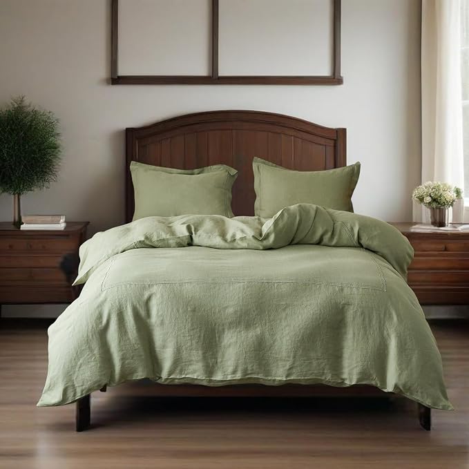 Simple&Opulence 100% Washed Linen Duvet Cover Set 68"x86" - 2 Pieces Soft Farmhouse Comforter Set Double Embroidered with Button Closure - 1 Duvet Cover and 1 Pillowsham (Sage Green, Twin)