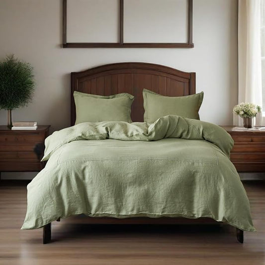 Simple&Opulence 100% Washed Linen Duvet Cover Set 68"x86" - 2 Pieces Soft Farmhouse Comforter Set Double Embroidered with Button Closure - 1 Duvet Cover and 1 Pillowsham (Sage Green, Twin)