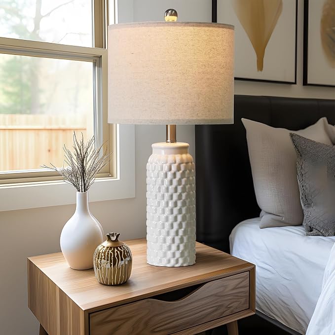 USumkky 24" Modern Ceramic White Bedside Lamp Set of 2 Table Lamp for Bedroom Decor Farmhouse Table Lamp for Living Room Office Dorm