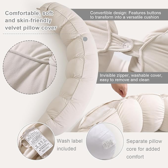 Peallow(Pat. Pend) – Long Round Body Pillow for Adults, Bolster Pillow for Sleeping, Soft and Supportive Pillow for Sleeping & Lumbar Support (Misty White,47")
