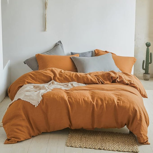 Simple&Opulence 100% Linen Duvet Cover Set 3pcs Basic Style Natural French Washed Flax Solid Color Soft Breathable Farmhouse Bedding with Button Closure - Rust, Full