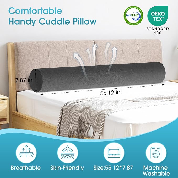 SereneCloud Memory Foam Body Pillow for Bed, 55" Long Bed Pillow for Adults | Full Body Pillows, Bolster Pillows with Breathable, Removable Velvet Cover, Skin-friendly Cylindrical Side Pillow, 55*8 Inch