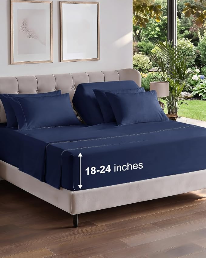 Extra Deep Flex Top Split Head King Sheet Set - 6 Piece Breathable and Cooling Sheets - Hotel Luxury Bedding for Women, Men, Kids & Teens - Easy Secure Fit - Extra Deep Pockets - Navy Blue