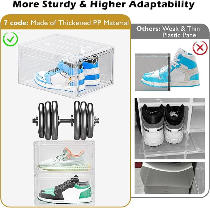 12 Pack Shoe Organizer, Stackable Shoe Storage Boxes with Magnetic Door | Clear Plastic Shoe Boxes for Sneakers, Boots & Heels, Foldable Space-Saving Shoe Rack for Closet, Durable Shoe Cabinet, White