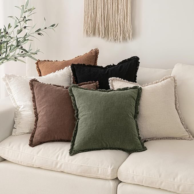 MIULEE Linen Fringe Decorative Fall Throw Pillow Covers Dark Coffee 18x18 | Set of 2, Cottagecore Decor, Boho Farmhouse Neutral Pillow Covers, Rustic Fall Couch Cushion Cases for Sofa Bed Living Room